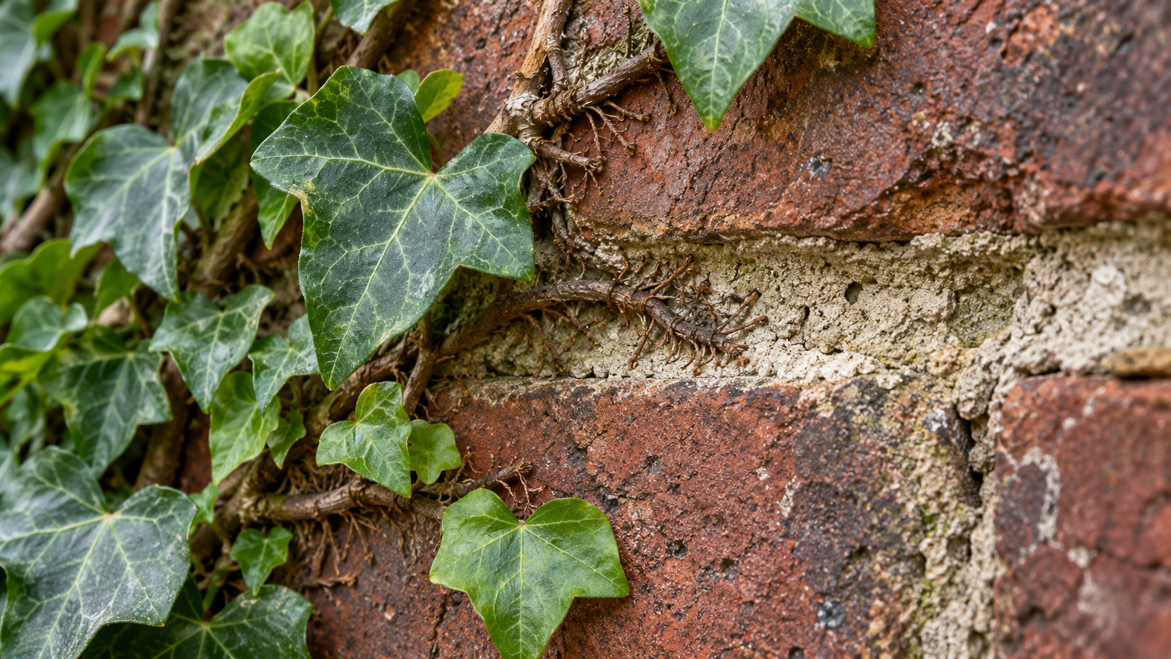 Detail van klimopbladeren, stengels en hechtwortels op een bakstenen muur met plaatselijk verweerd voegwerk.