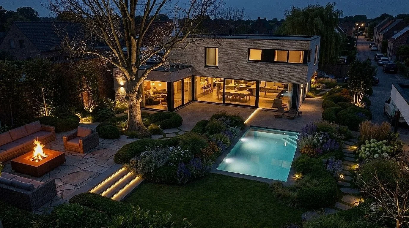 A backyard at dusk with a modern two-story house featuring large glass windows, a swimming pool, a firepit with seating, and landscaped garden with trees, bushes, and flower beds illuminated by outdoor lighting.