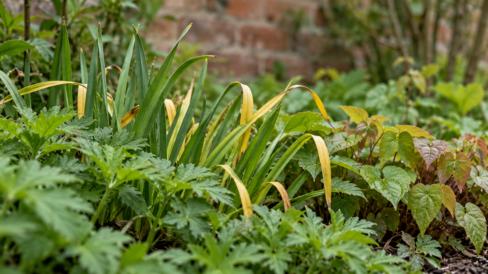Vergelend narcissenblad tussen frisgroene geraniumbladeren en het hartvormige blad van epimedium.