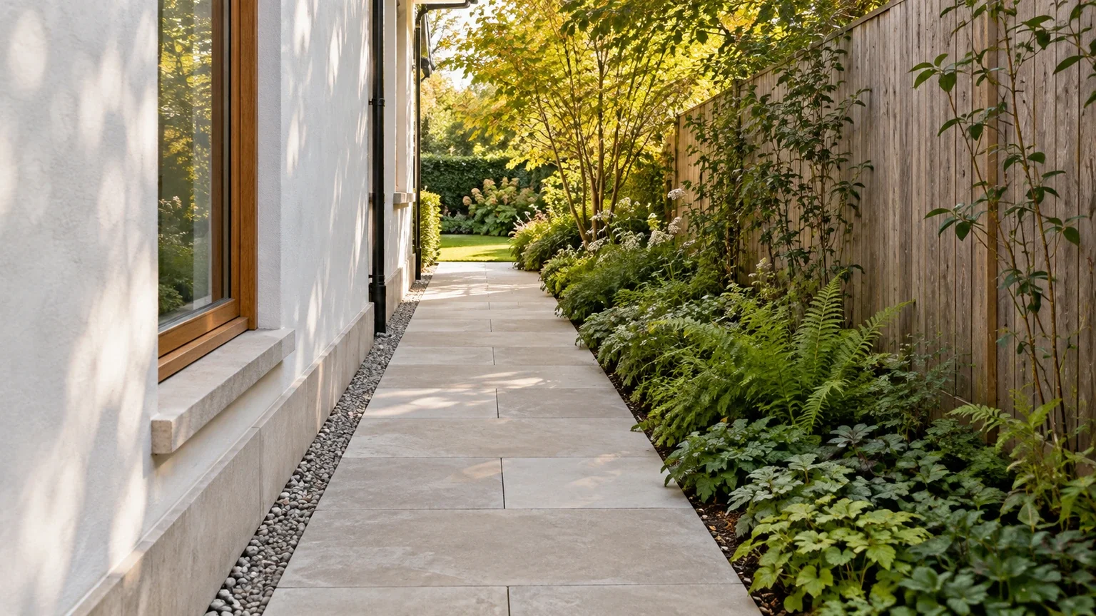 Smalle zijtuin met een doorlopend tegelpad tussen een witte gevel en een groene border met varens langs een houten afsluiting.