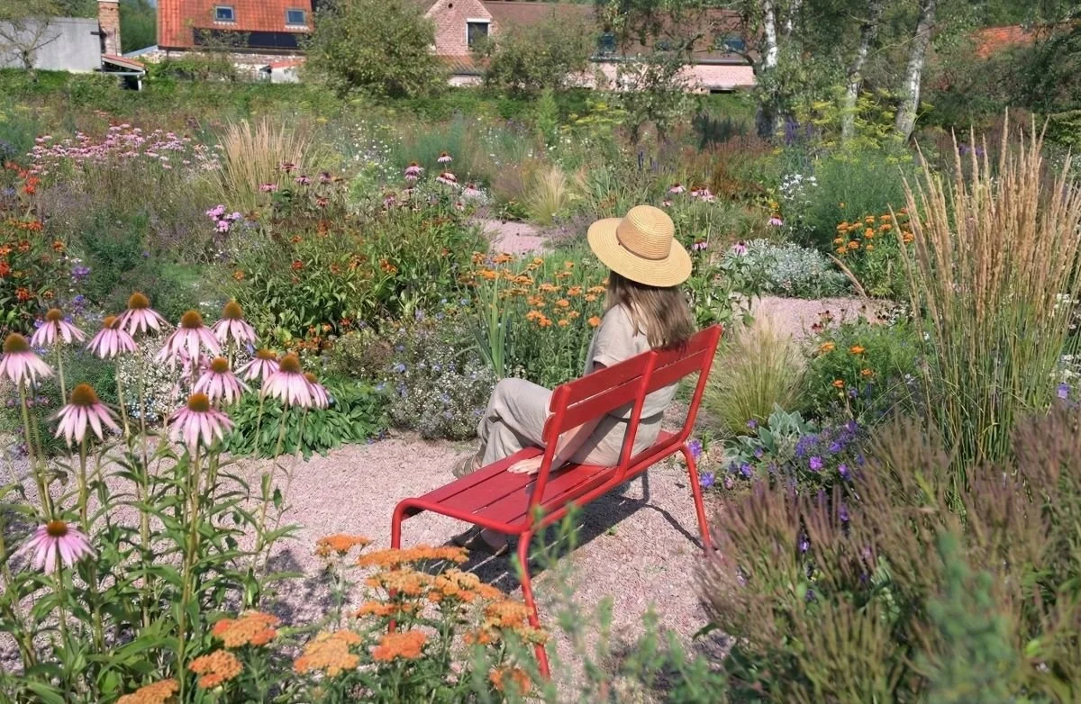Een vrouw met een hoed zit op een rood bankje in een weelderige prairie-tuin vol roze zonnehoed (Echinacea), oranje bloemen en siergrassen langs een roze grindpad.
