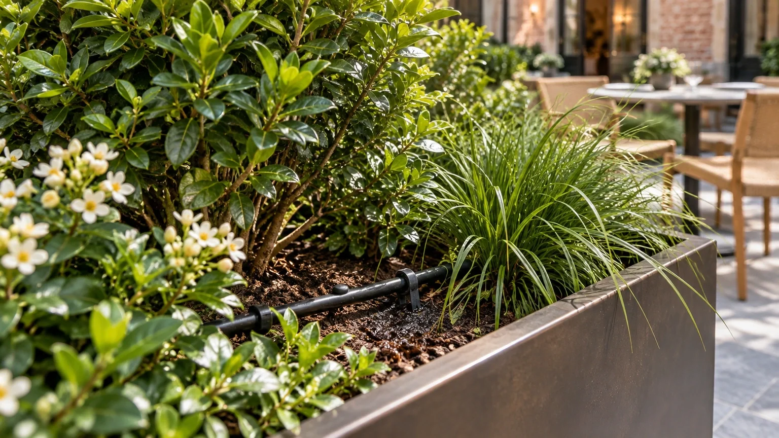 Detail van een druppelslang op het substraat tussen groene struiken en siergrassen in een plantenbak op een horecaterras.