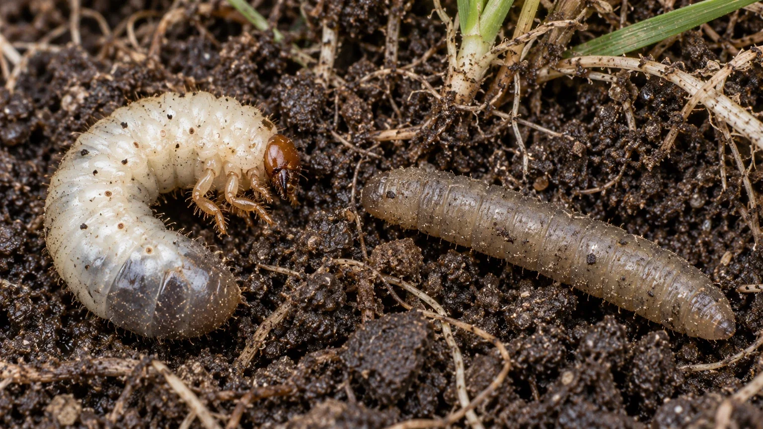 Links een witte C-vormige engerling met bruine kop en poten, rechts een langwerpige grijsbruine emelt zonder poten.