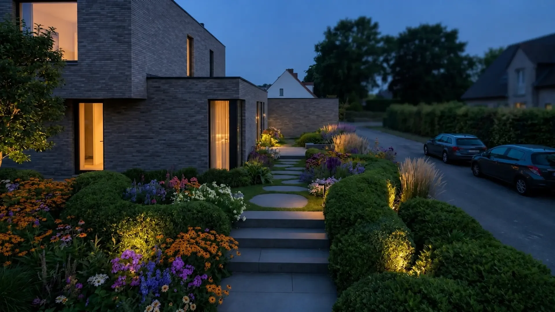 A modern house with a landscaped garden at dusk, illuminated pathway, and parked cars on the street.