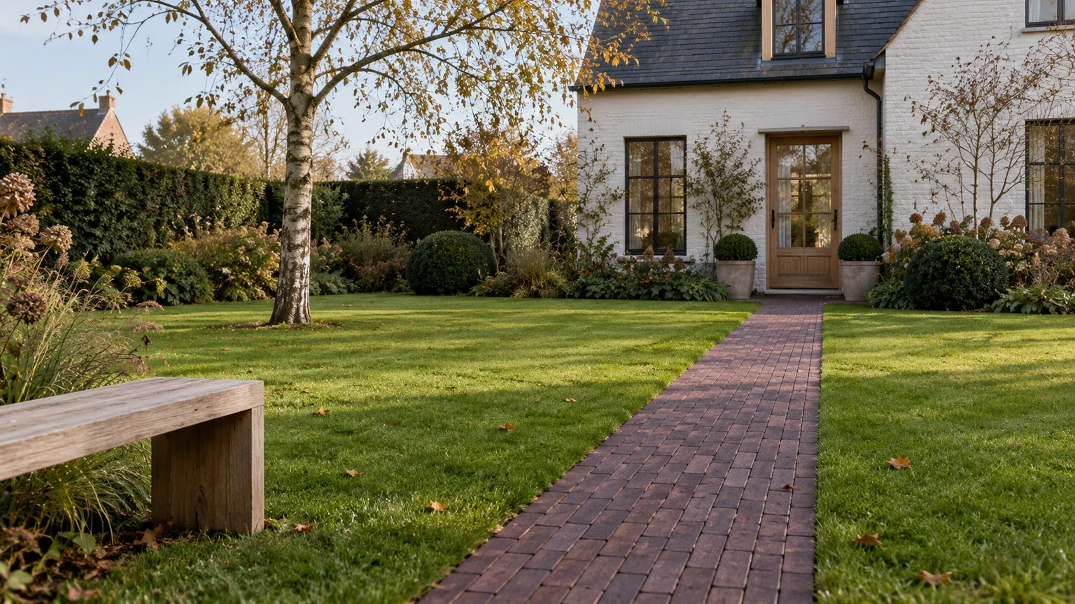 Smal pad van donkere langwerpige kleiklinkers door een groen gazon naar een houten deur, met een eenvoudige houten bank links.