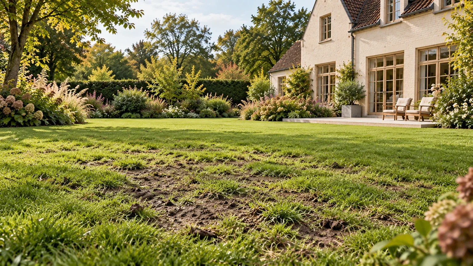 Onregelmatige kale plekken met open grond en verspreide graspollen in een gazon bij een witte landelijke woning.