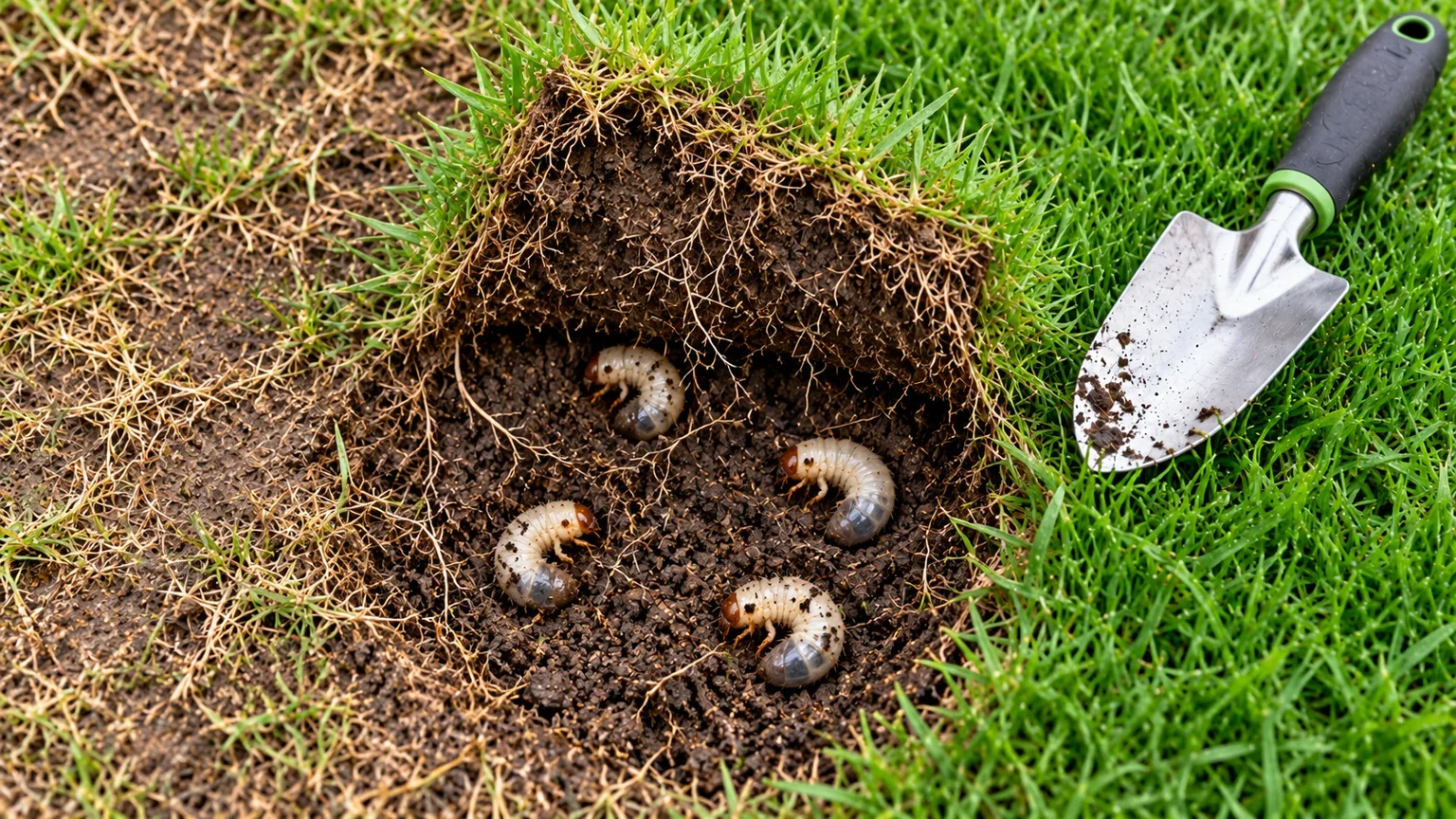 Vier witte engerlingen in de wortelzone onder een opgetilde graszode, op de grens tussen groen gazon en een kale plek.