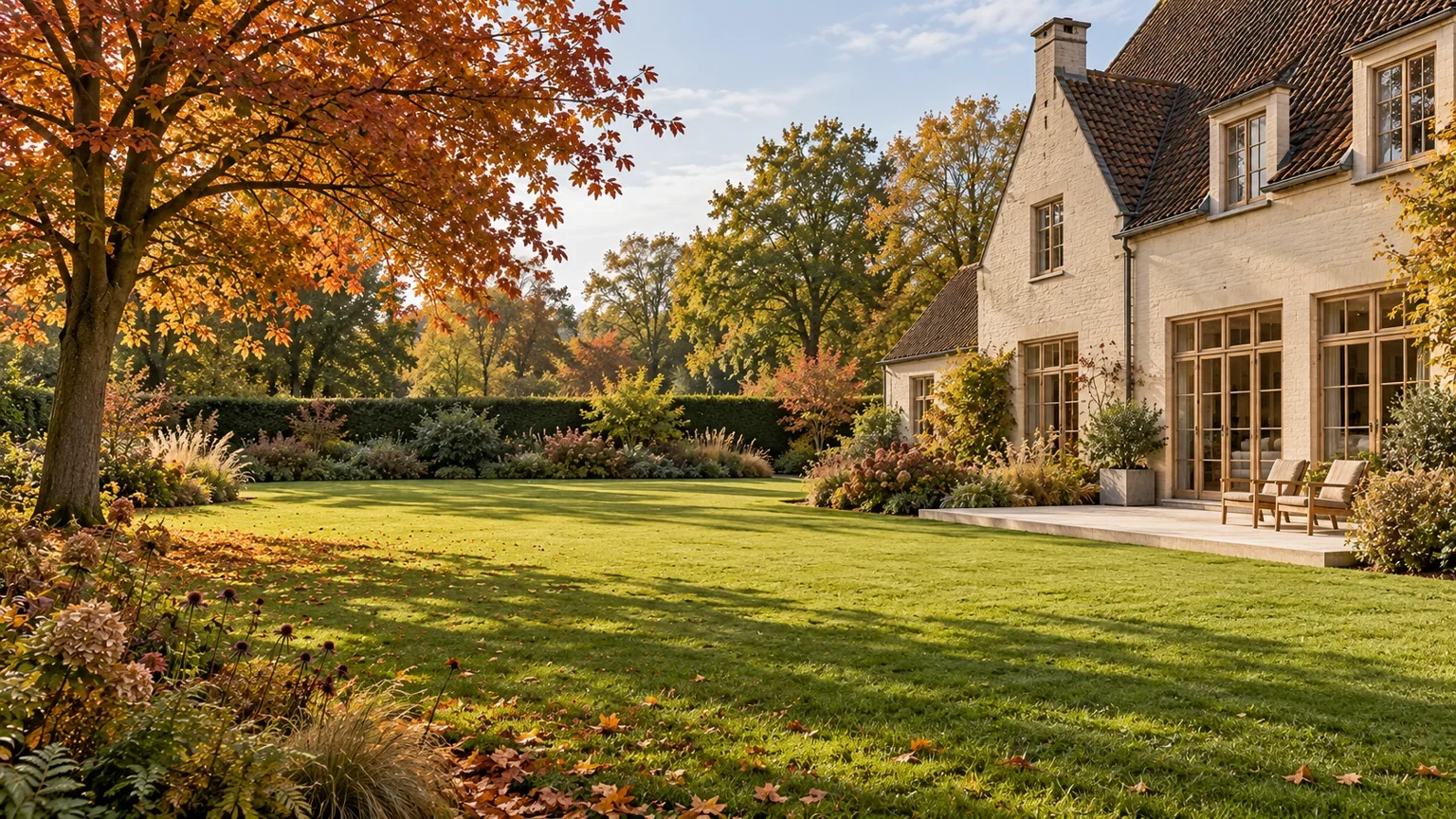 Groen gazon bij een witte landelijke woning, met een compact terras, gemengde borders en een volwassen boom in herfstkleur.