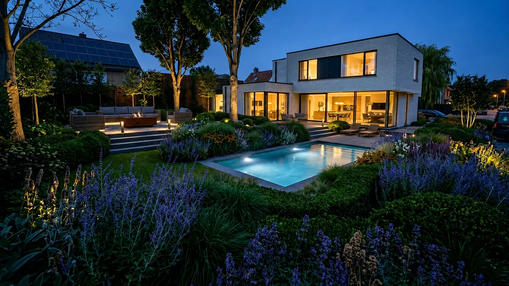 Modern two-story house with large glass windows and illuminated interior, surrounded by a lush garden with colorful flowers and plants, a swimming pool, and outdoor seating areas at dusk.