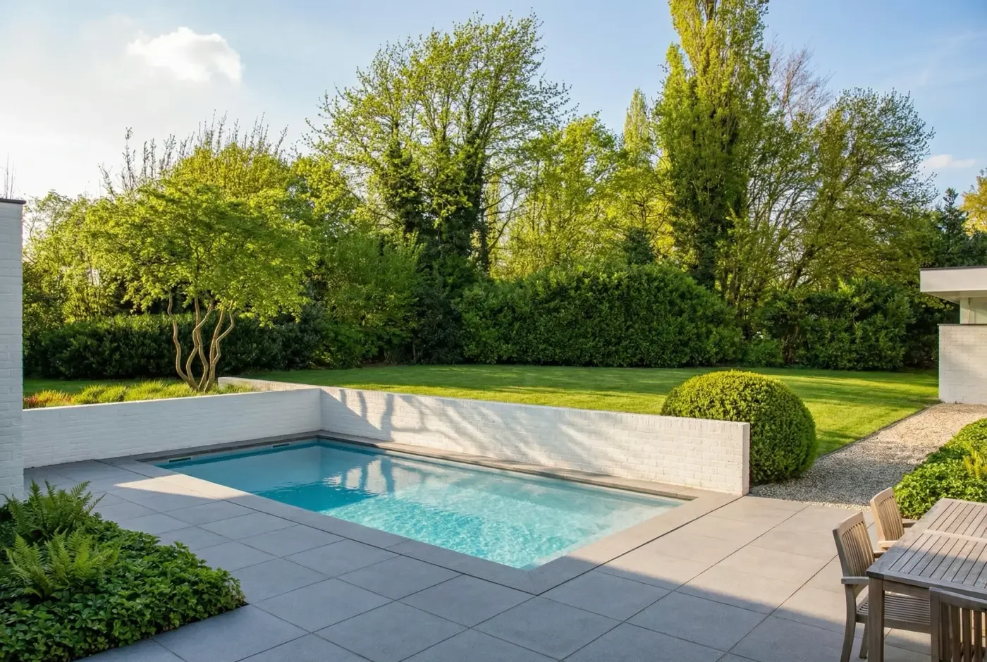 Modern backyard with a small pool, green lawn, trees, and outdoor furniture under a clear sky.