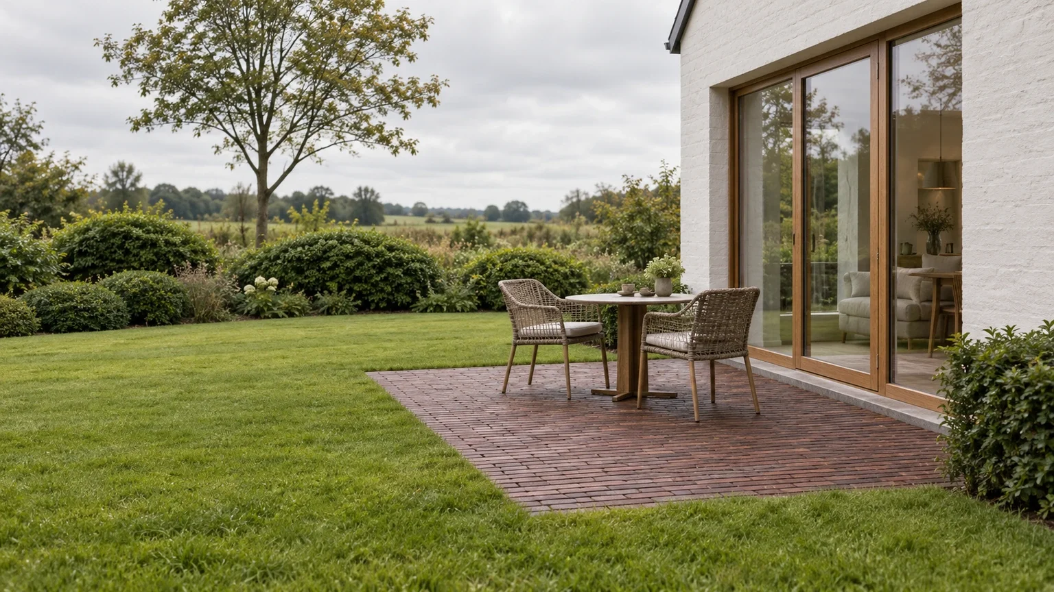 Compact terras met slanke bordeauxbruine kleiklinkers, een ronde tafel en twee stoelen naast een witgekalkte woning en open gazon.
