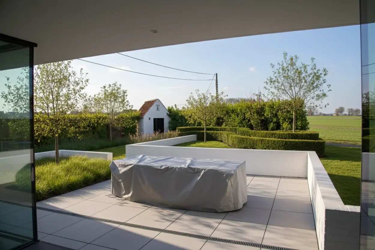 View from a modern house's covered patio, looking out to a green backyard with trees, bushes, a small white shed, and fields in the distance on a sunny day.