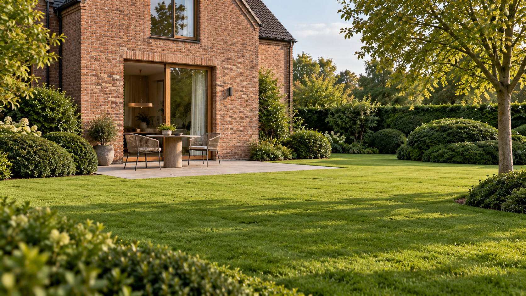Overzicht van een groene tuin met open gazon, afgeronde groenmassieven en een compact terras bij een bakstenen woning.