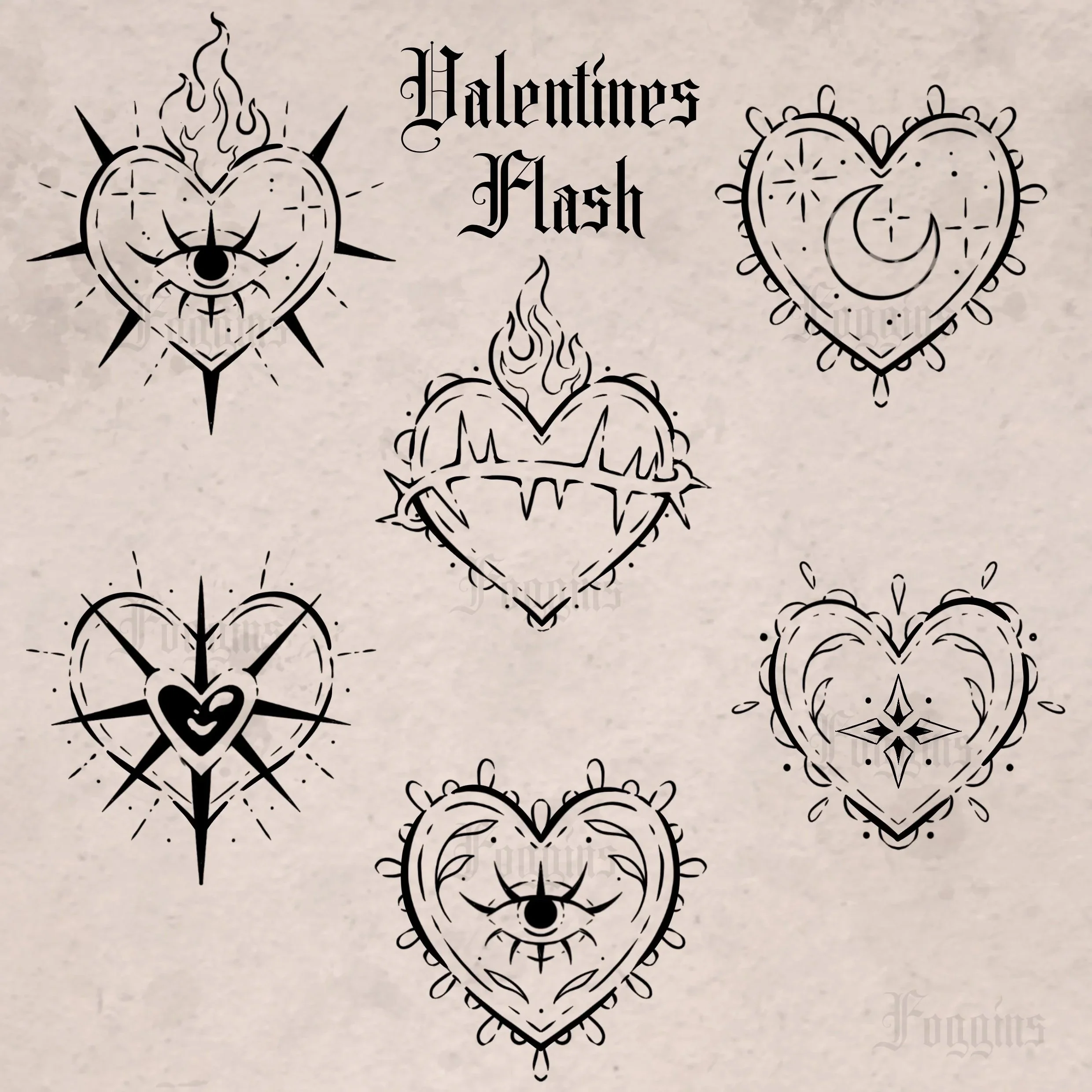 Collection of black tattoo-style heart designs with various mystical and celestial motifs, including an eye, moon, flames, stars, and decorative elements, with the text 'Valentines Flash' at the top.