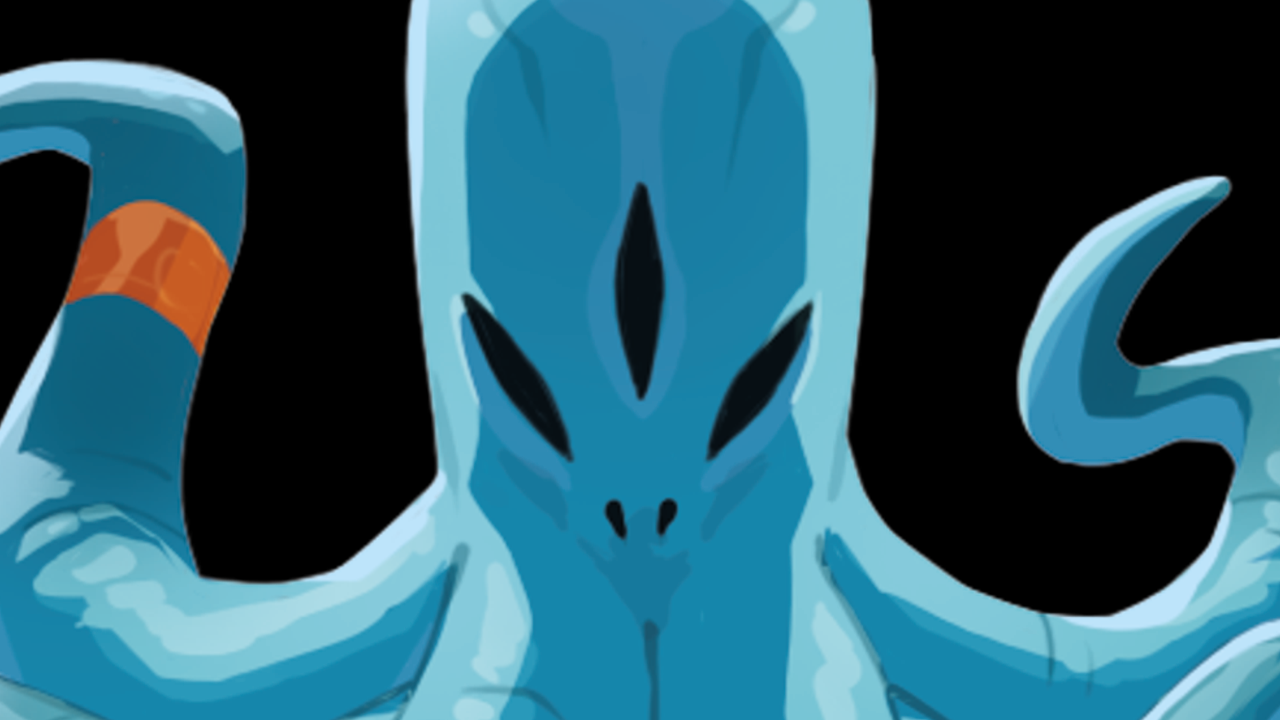 Illustration d'une créature imaginaire bleue avec des tentacules, possédant des yeux noirs et une bande orange sur un tentacule.