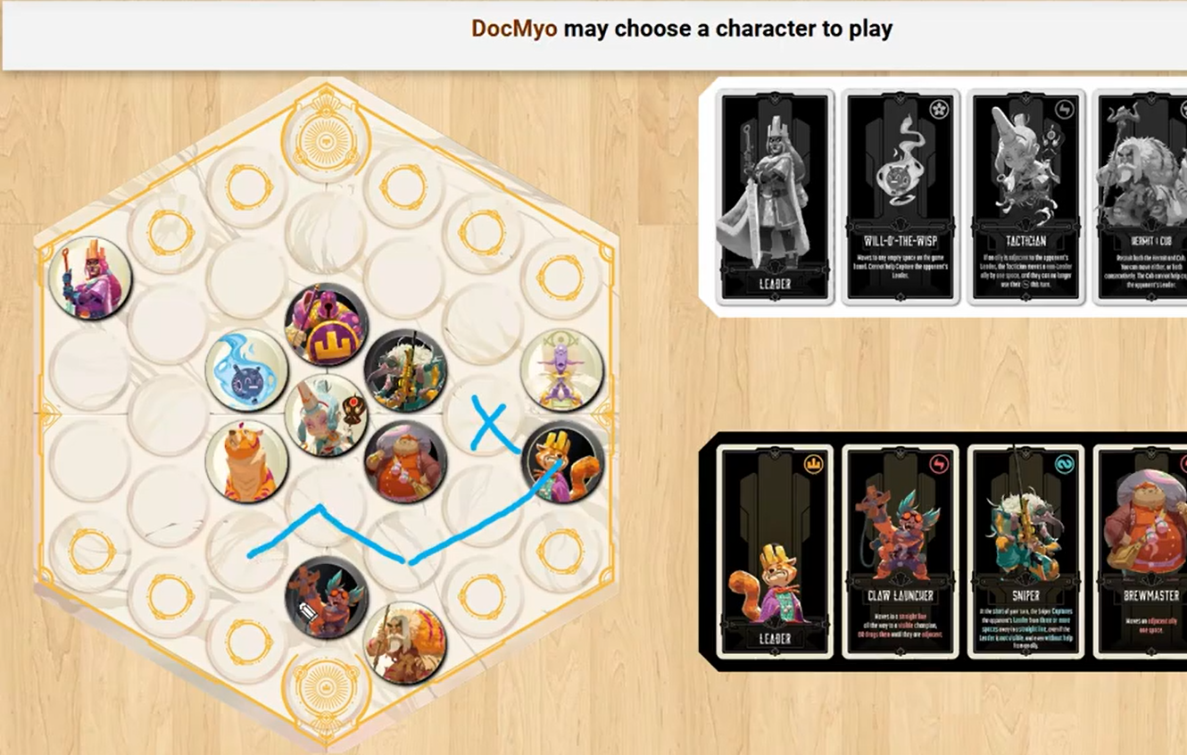 Capture d'écran du jeu DocMyo avec plusieurs personnages sur le plateau, dont un chef, un éclaireur, un tireur d'élite, et une maîtresse brasseuse, avec des cartes de personnage au-dessus du plateau montrant différentes classes et rôles.