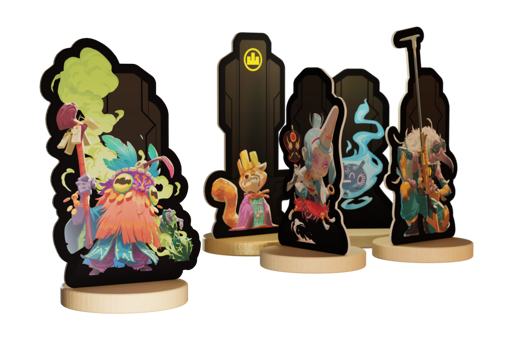 Figure de personnages ou de créatures imaginaires avec des figurines colorées sur des socles, certains avec des effets de fumée ou de vapeur.