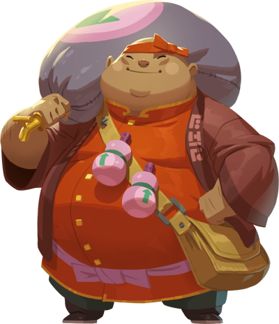 Tavernier : Un personnage anthropomorphe de chat portant un manteau, un sac, et des sacs de sport, avec une expression détendue.