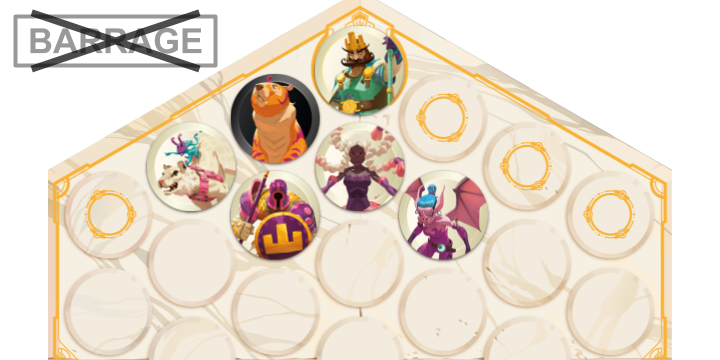 Un tableau de jeu avec des personnages de style cartoon, certains avec des figures fantastiques ou mythiques. Le mot 'BARRAGE' barré en haut à gauche.