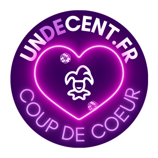 Logo avec un cœur rose néon, des dés, et le texte "UnDecent.fr Coup de Coeur" en violet et blanc.