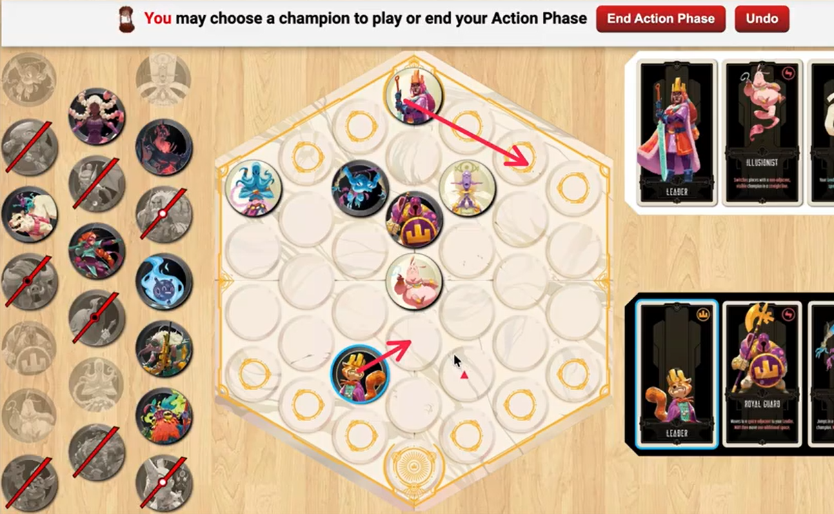 Capture d'écran d'un jeu de plateau de stratégie numérique avec plusieurs personnages de cartes et pièces, comprenant des options pour choisir un champion pour jouer ou terminer la phase d'action, affiché avec des boutons 'End Action Phase' et 'Undo' en haut.