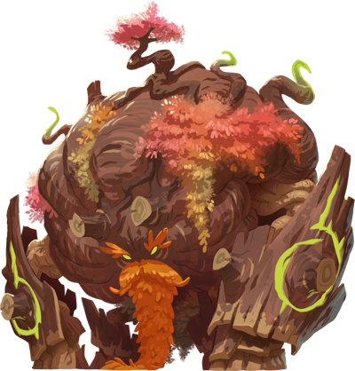 Protecteur : Une grande structure en forme de grand arbre ou arbre fantastique, avec des couleurs chaudes et des éléments en bois, sur fond rose.