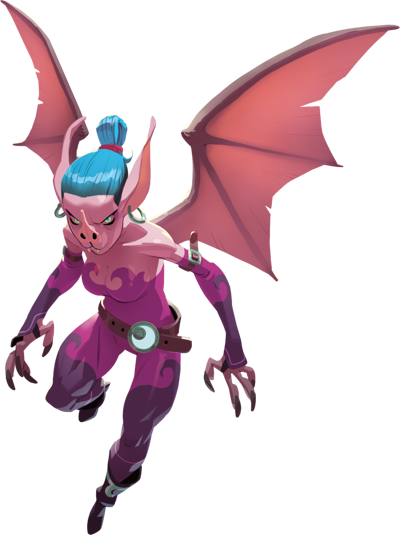 Rôdeuse : Personnage de style fantastique avec des ailes de chauve-souris, des oreilles longues, et une apparence de babouin, portant une tenue violette et une coiffure bleue.