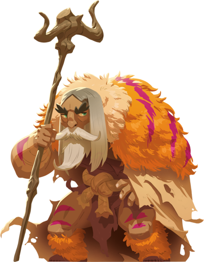 Vieil-Ours : Garde un vieil homme avec une barbe blanche, tenant une baguette, vêtu d'une cape avec des plumes et une peau de bau de couleur orange, devant un arbre nu.