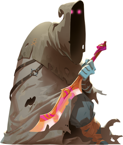 Assassin : Une figure mystérieuse avec une cape déchirée, tenant un fusil coloré sophistiqué, visage sombre avec des yeux lumineux roses.