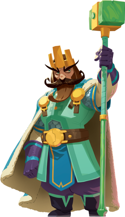 Leader : Un personnage illustré ressemblant à un roi ou un mage, portant une couronne dorée, un manteau blanc orné de dorures, et tenant une grande arme magique ou sceptre avec un cristal vert.