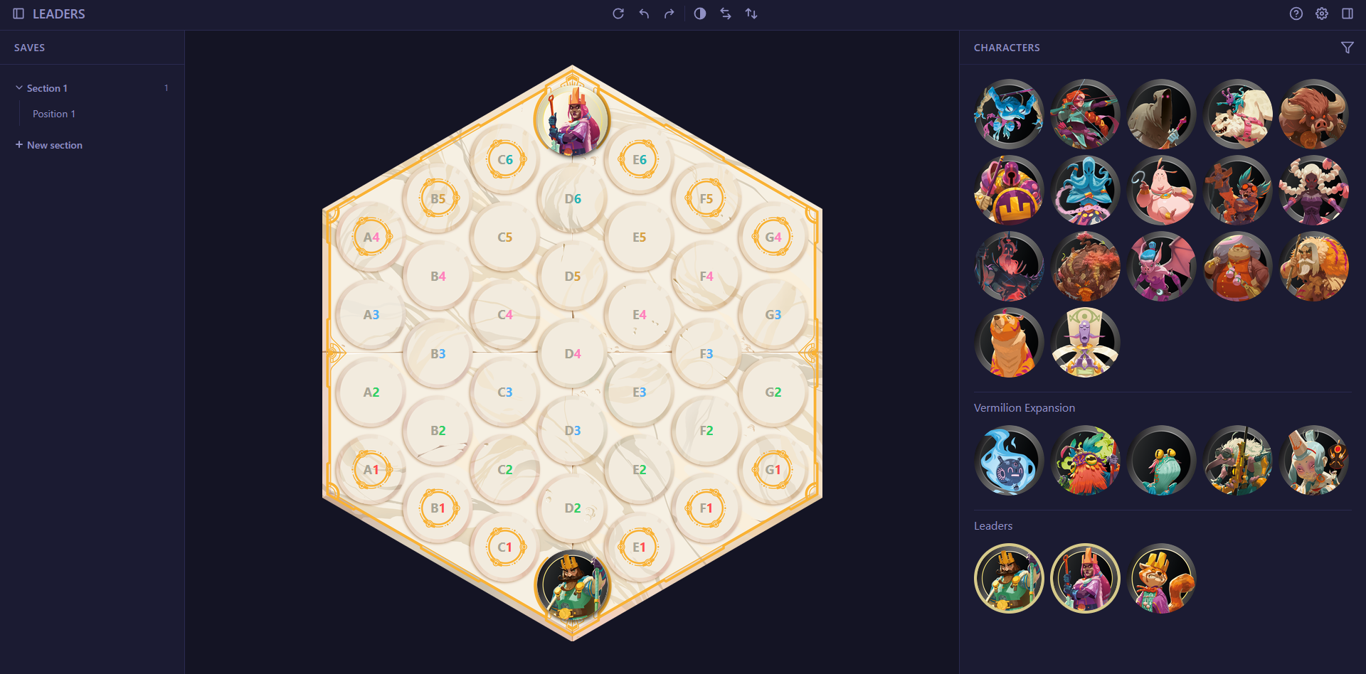 Capture d'écran d'une interface de jeu ou de stratégie avec un plateau hexagonal et divers personnages et sections, notamment des personnages de jeu vidéo ou de fantasy, affichés à droite.