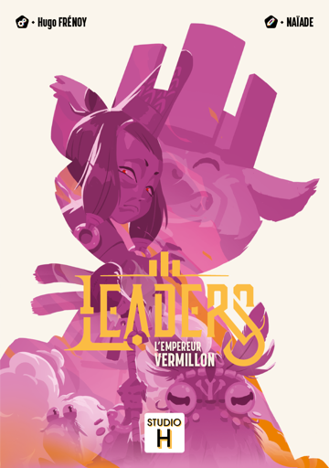 Affiche de bande dessinée avec un personnage féminin à l'air sérieux, des éléments de montagnes, un lion, et un grand bâtiment futuriste, titré 'Leaders: L'empereur Vermillon'.