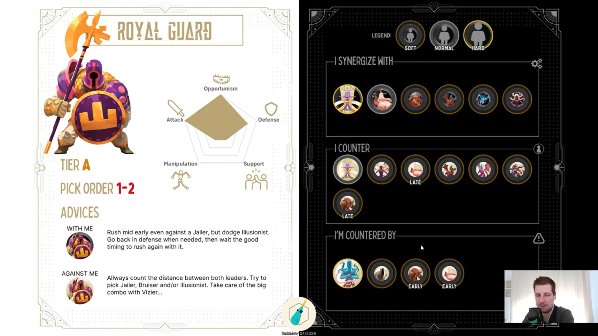 Infographie sur le jeu mobile de la Royale Garde, avec un personnage en armure violet et un bouclier, et un tableau avec des conseils et une stratégie de jeu en français.