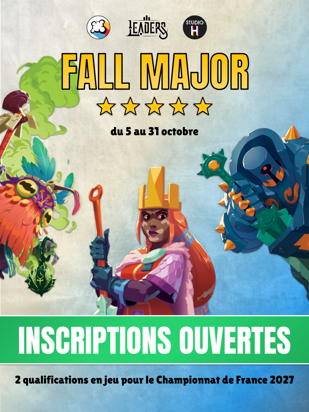Affiche promotionnelle pour un événement de jeux, avec des personnages de jeux vidéo, et texte en français annonçant une période de participation du 5 au 31 octobre, avec des mentions de qualifications pour le Championnat de France 2023.