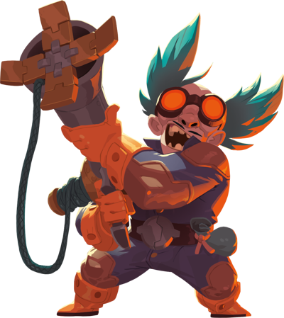 Lance-Grappin : Personnage de jeu vidéo avec des cheveux bleus, portant des lunettes rouges, tenant une grande masse, vêtements orange et noirs.