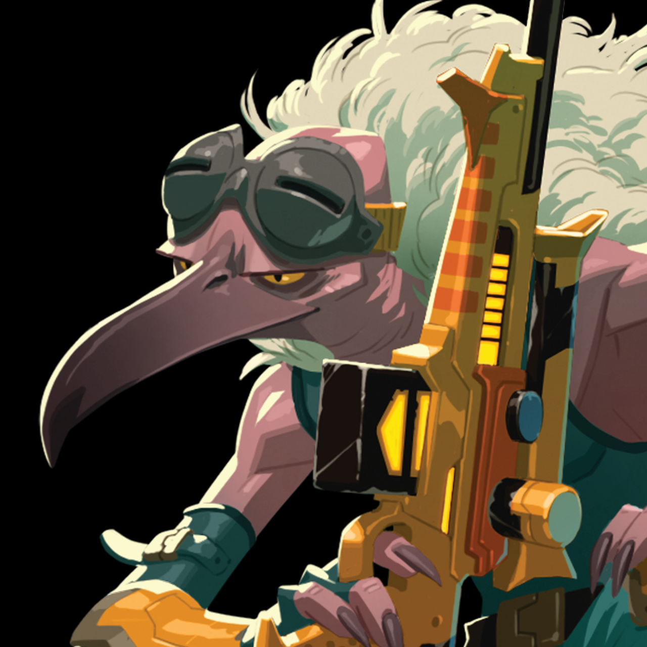 Personnage ressemblant à un oiseau avec un long bec, portant des lunettes de soleil, tenant une arme futuriste de couleur jaune et orange, avec des nuages de fumée en arrière-plan.