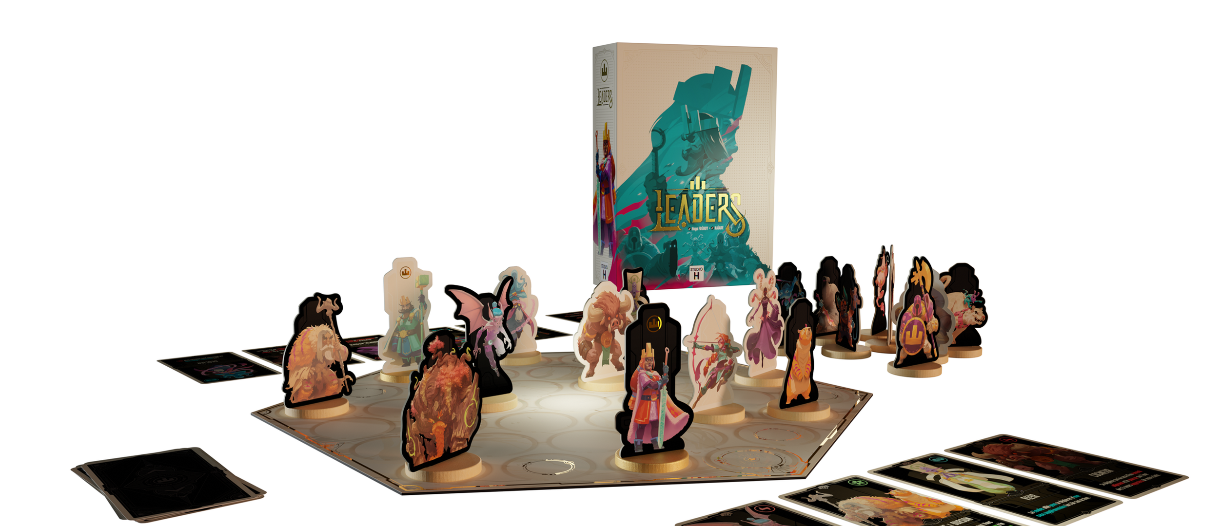 Jeu de société appelé 'Leader' avec des pièces en forme de personnages mythologiques et cartes de jeu autour d'un plateau de jeu hexagonal.