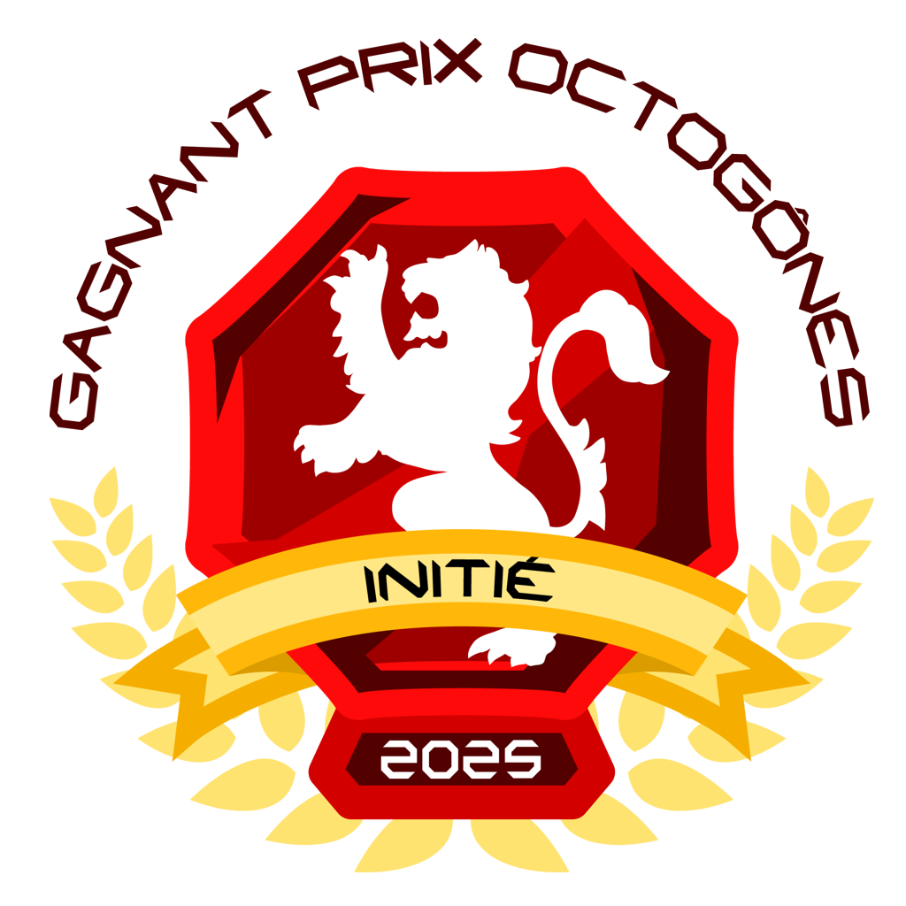 Logo avec un lion blanc en silhouette au centre, entouré d'un bouclier rouge, avec une bannière jaune portant le mot 'Invité', et la date 2025 en bas.