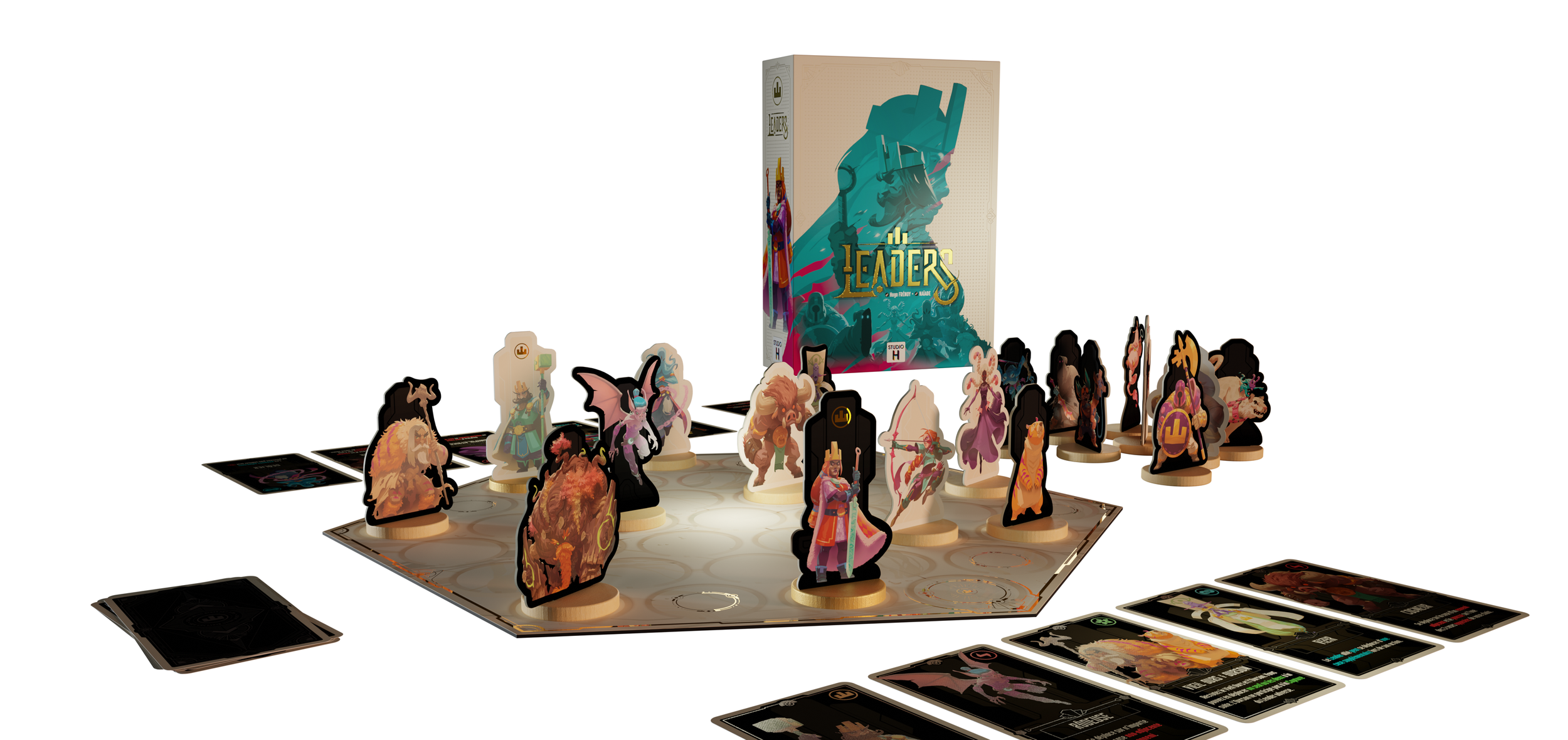 Un jeu de plateau appelé 'Leader' avec des personnages en carton, des cartes de jeu et une boîte en arrière-plan.