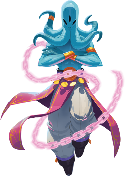 Geôlier : Personnage de jeu vidéo avec une tête ressemblant à un calamar, portant une robe violette et une chaîne magique rose