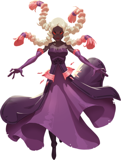 Manipulatrice : )Une illustration d'une sorcière avec une peau foncée, des cheveux blancs en tresses avec des extrémités roses, portant une robe longue violette avec un corsage sombre, dans une posture mystérieuse.
