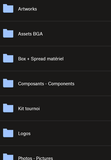 Capture d'écran d'une arborescence de dossiers sur un ordinateur, comprenant des dossiers nommés Artworks, Assets BGA, Box + Spread matériel, Composants - Components, Kit tournoi, Logos, Photos - Pictures.