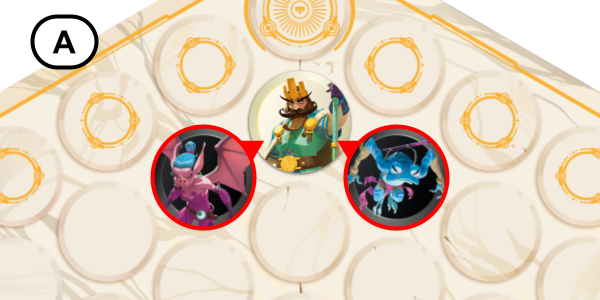 Une scène de jeu avec trois personnages de style cartoon sur un plateau rond avec des motifs dorés. Un personnage en haut au centre, et deux autres en bas dans des cercles rouges.