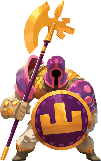 Garde Royal : Un personnage de jeu vidéo costumé en chevalier avec une armure rose et violet, tenant une lance et un bouclier portant un symbole de château doré sur un fond violet.