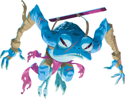 Une grenouille bleue avec des yeux grands et une expression fatiguée ou mécontente