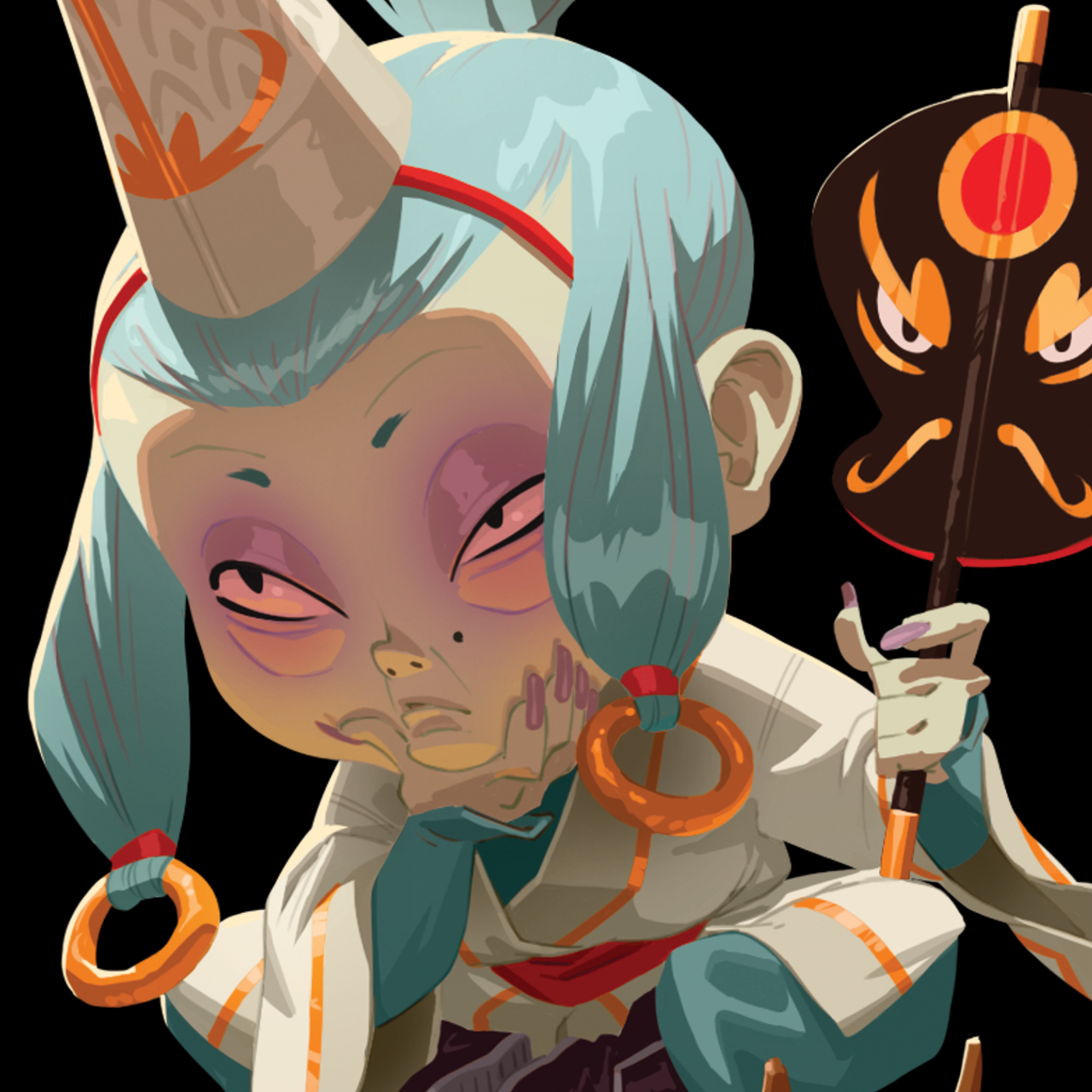 Illustration stylisée d'une personnage avec des cheveux bleus, une expression sceptique ou méfiante, portant un casque ou une couronne orange, tenant un masque ou un bâton noir avec des motifs orange et rouges.
