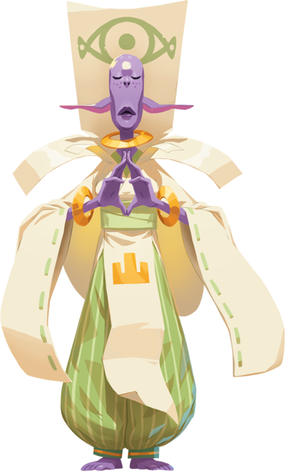 Vizir : Un personnage de dessin animé avec une peau violette, des yeux grands et des bras étendus, portant des vêtements colorés, avec un symbole au-dessus de la tête.