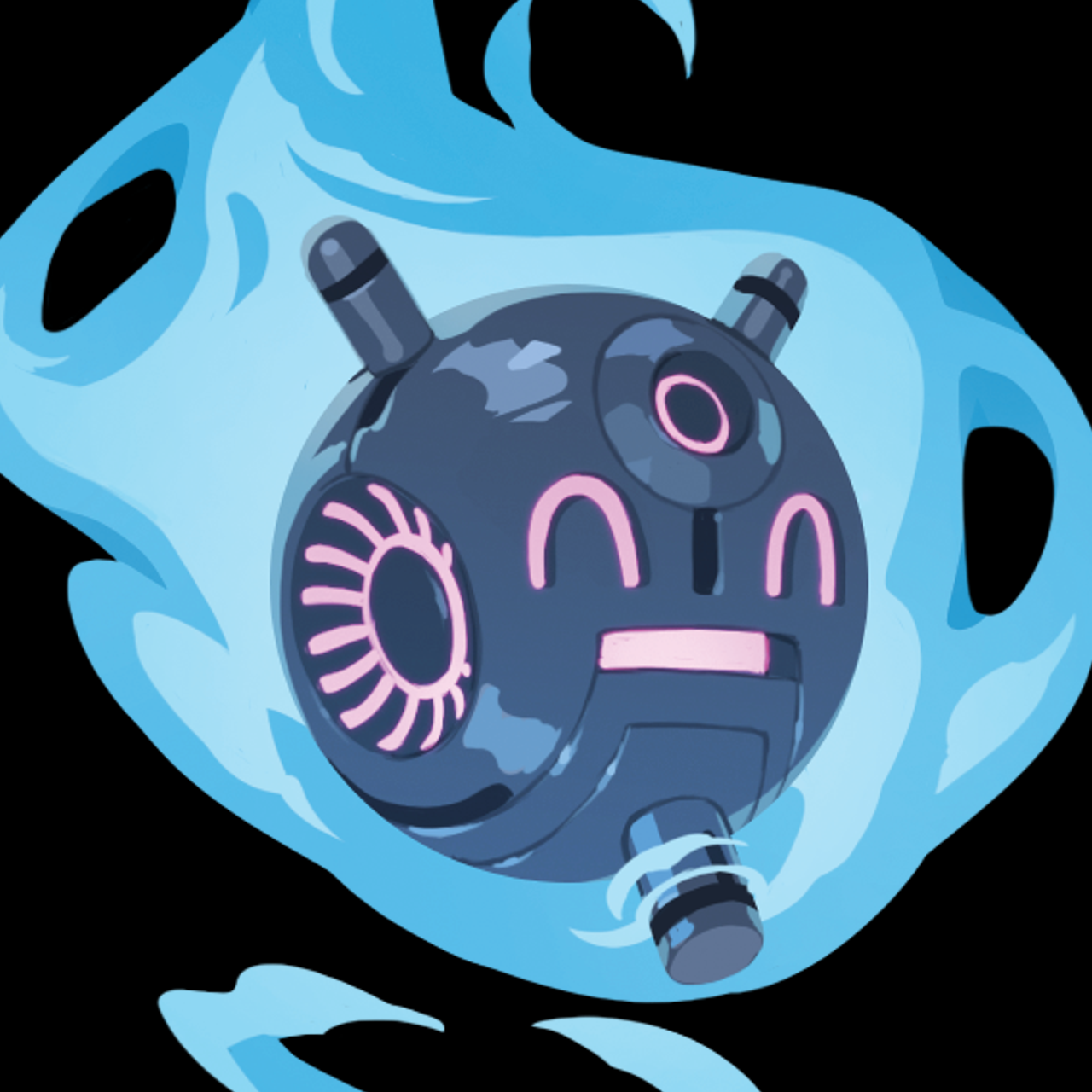 Illustration d'une capsule de café avec un visage souriant, sur fond noir.