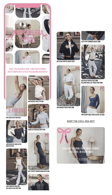 Fashion catalog featuring women's athleisure and casual wear, including jackets, joggers, Vests, and tops, with prices listed for each item.