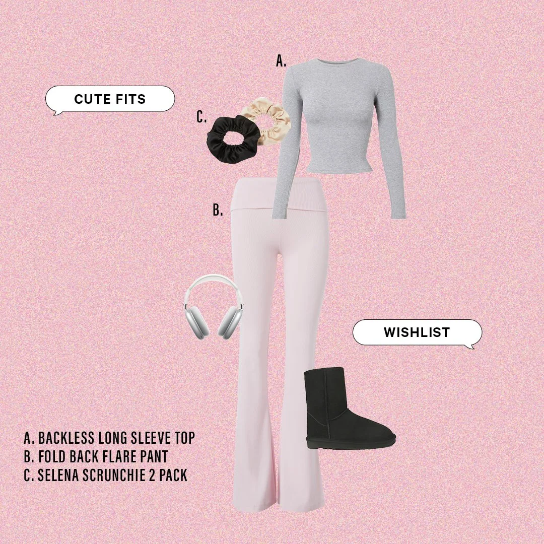 Outfit with a grey backless long sleeve crop top, white flare pants, black boots, beige scrunchie, black scrunchie, and beige and black hair ties on a pink textured background. Text labels identify the clothing items and accessories.